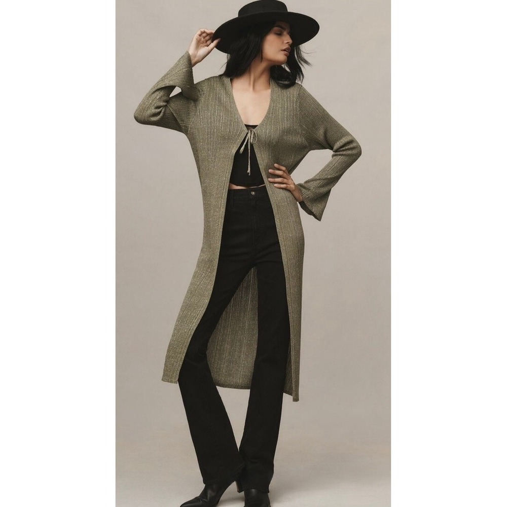 By ANTHROPOLOGIE Long Shine Cardigan Sweater Green Tie Front Knitwear Small